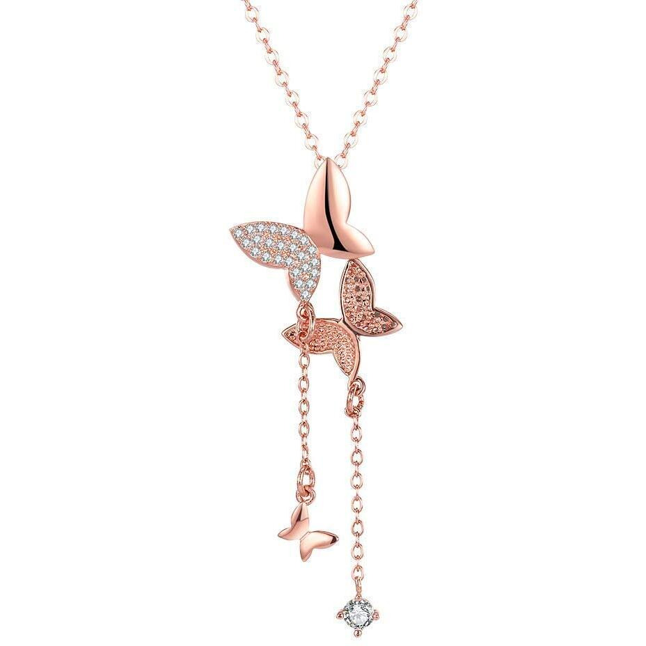 Shining Diva Fashion Stylish 18k Rose Gold Plated Double Crystal Butterfly Chain Pendant Necklace for Women & Girls(Rose Gold)