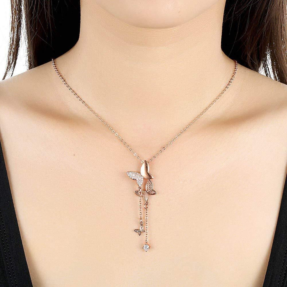Shining Diva Fashion Stylish 18k Rose Gold Plated Double Crystal Butterfly Chain Pendant Necklace for Women & Girls(Rose Gold)