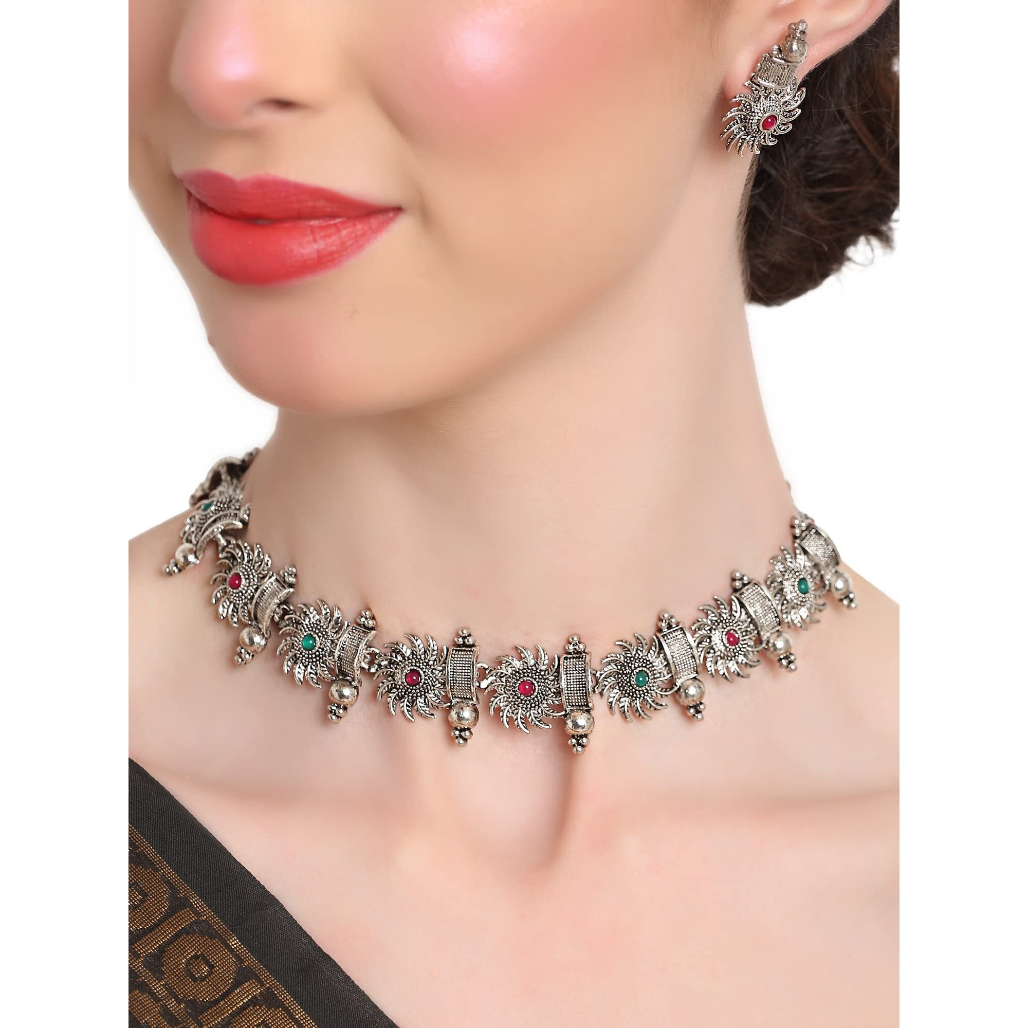 Shining Diva Fashion Latest Stylish Fancy Choker Traditional Necklace Jewellery Set for Women (12303s), Silver