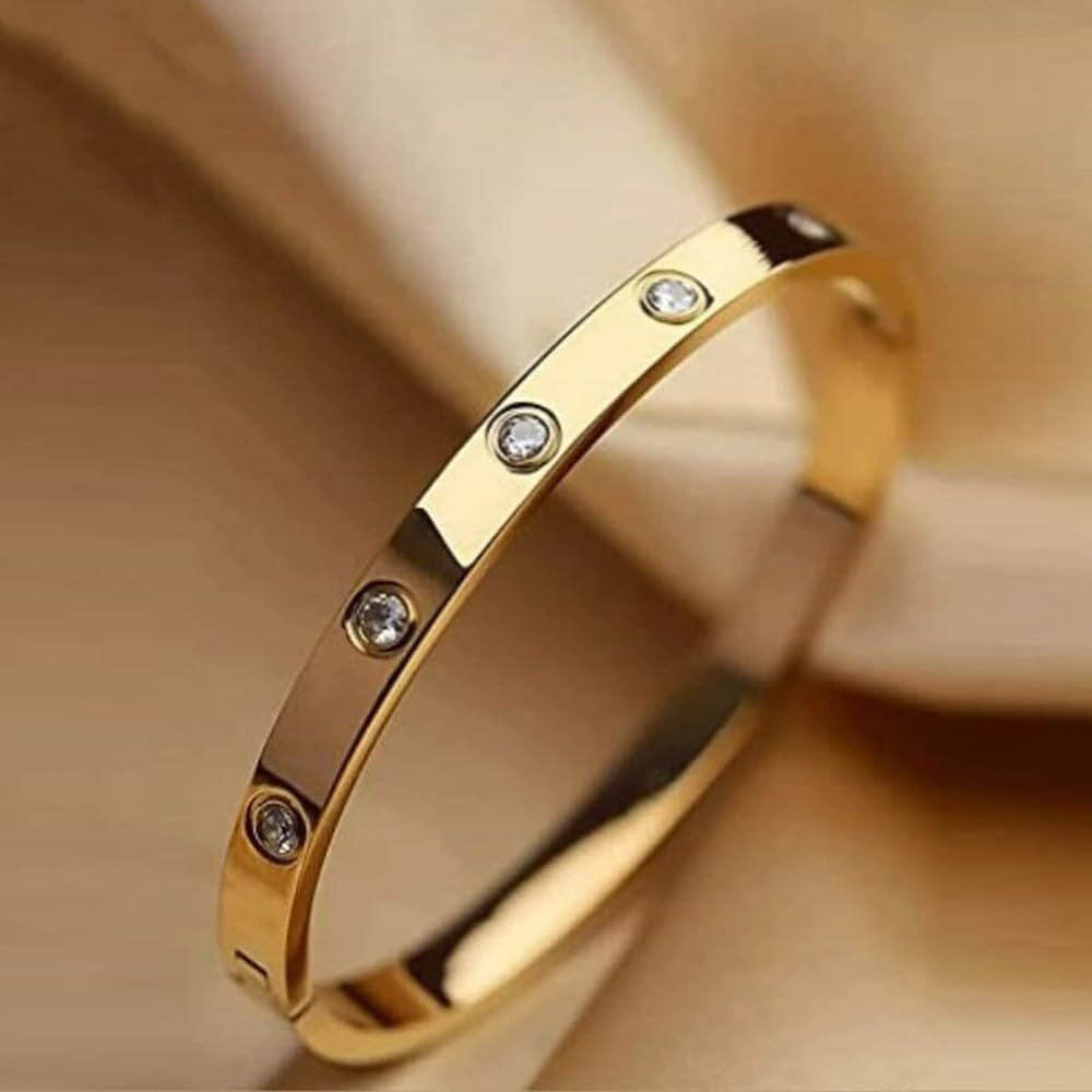 Shining Diva Fashion 18K Gold Plated Stainless Steel Openable Crystal Bracelet | Cuff Bangle | Friendship Couple Wedding Gifts for Mother Sister Wife Girlfriend | Anti Tarnish Jewellery (15747b) (A_Gold)