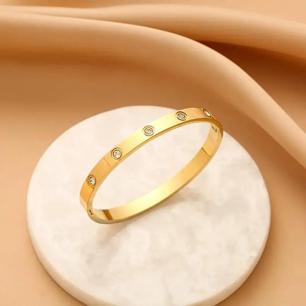 Shining Diva Fashion 18K Gold Plated Stainless Steel Openable Crystal Bracelet | Cuff Bangle | Friendship Couple Wedding Gifts for Mother Sister Wife Girlfriend | Anti Tarnish Jewellery (15747b) (A_Gold)