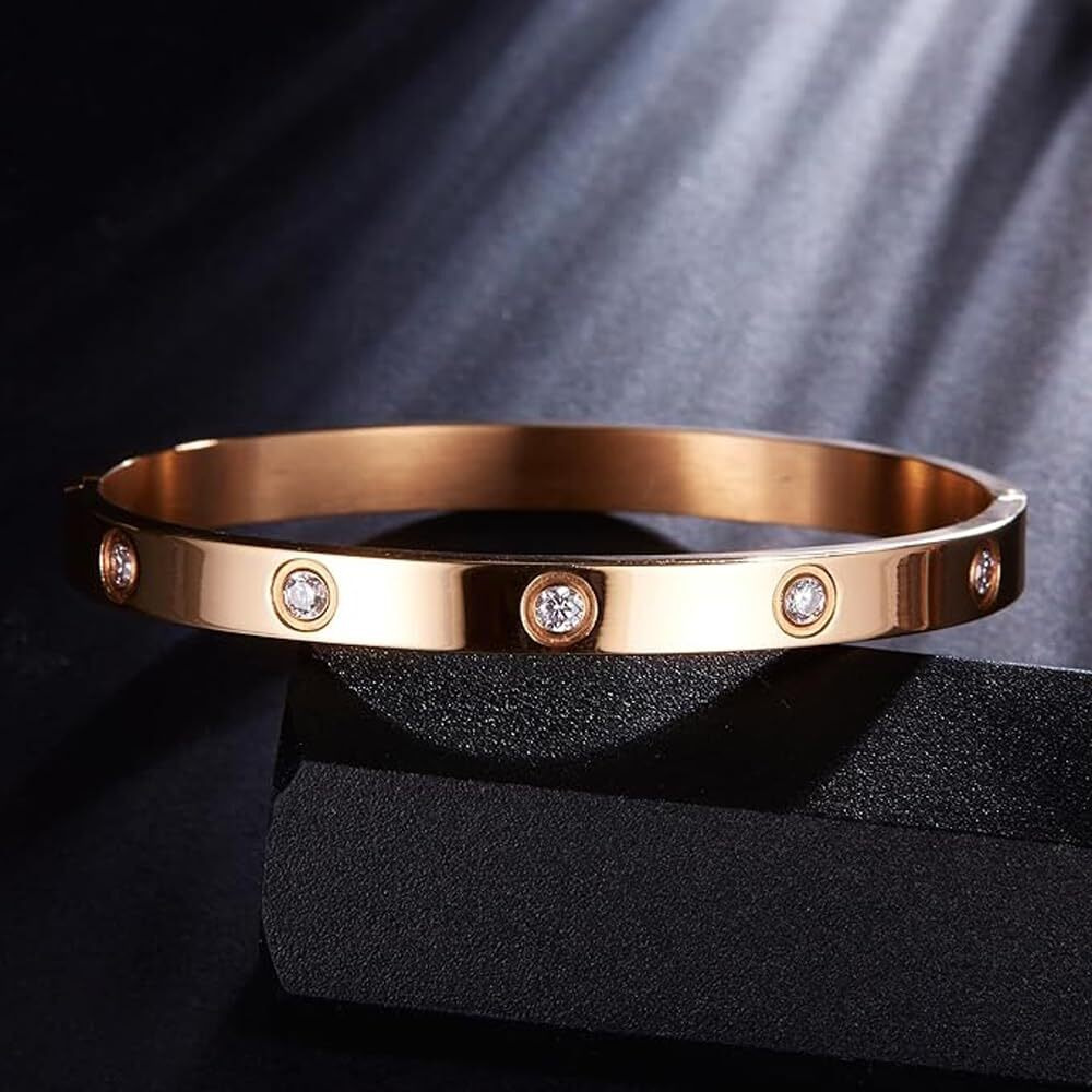 Shining Diva Fashion 18K Gold Plated Stainless Steel Openable Crystal Bracelet | Cuff Bangle | Friendship Couple Wedding Gifts for Mother Sister Wife Girlfriend | Anti Tarnish Jewellery (15745b) (A_Rose Gold)