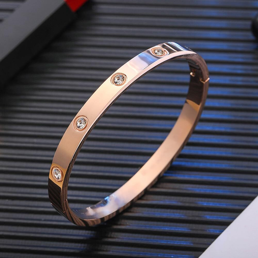 Shining Diva Fashion 18K Gold Plated Stainless Steel Openable Crystal Bracelet | Cuff Bangle | Friendship Couple Wedding Gifts for Mother Sister Wife Girlfriend | Anti Tarnish Jewellery (15745b) (A_Rose Gold)