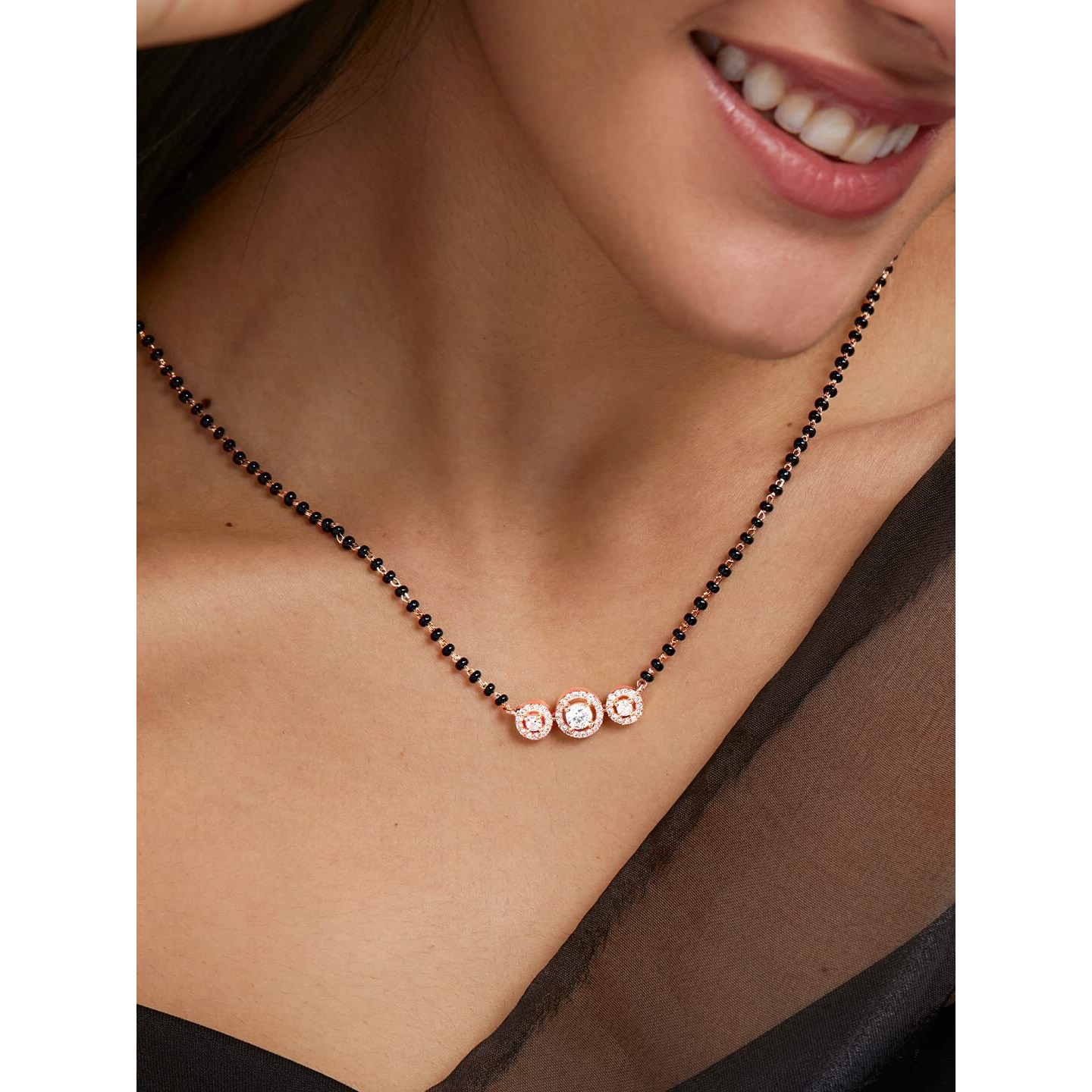MINUTIAE Stylish Three Stone Pendant Necklace Black Beads Mangalsutra For Women With Extendable Chain (Rose Gold)