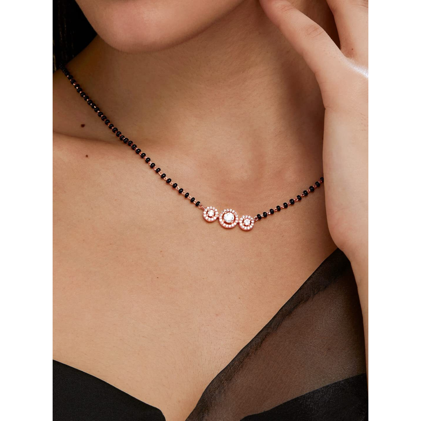 MINUTIAE Stylish Three Stone Pendant Necklace Black Beads Mangalsutra For Women With Extendable Chain (Rose Gold)