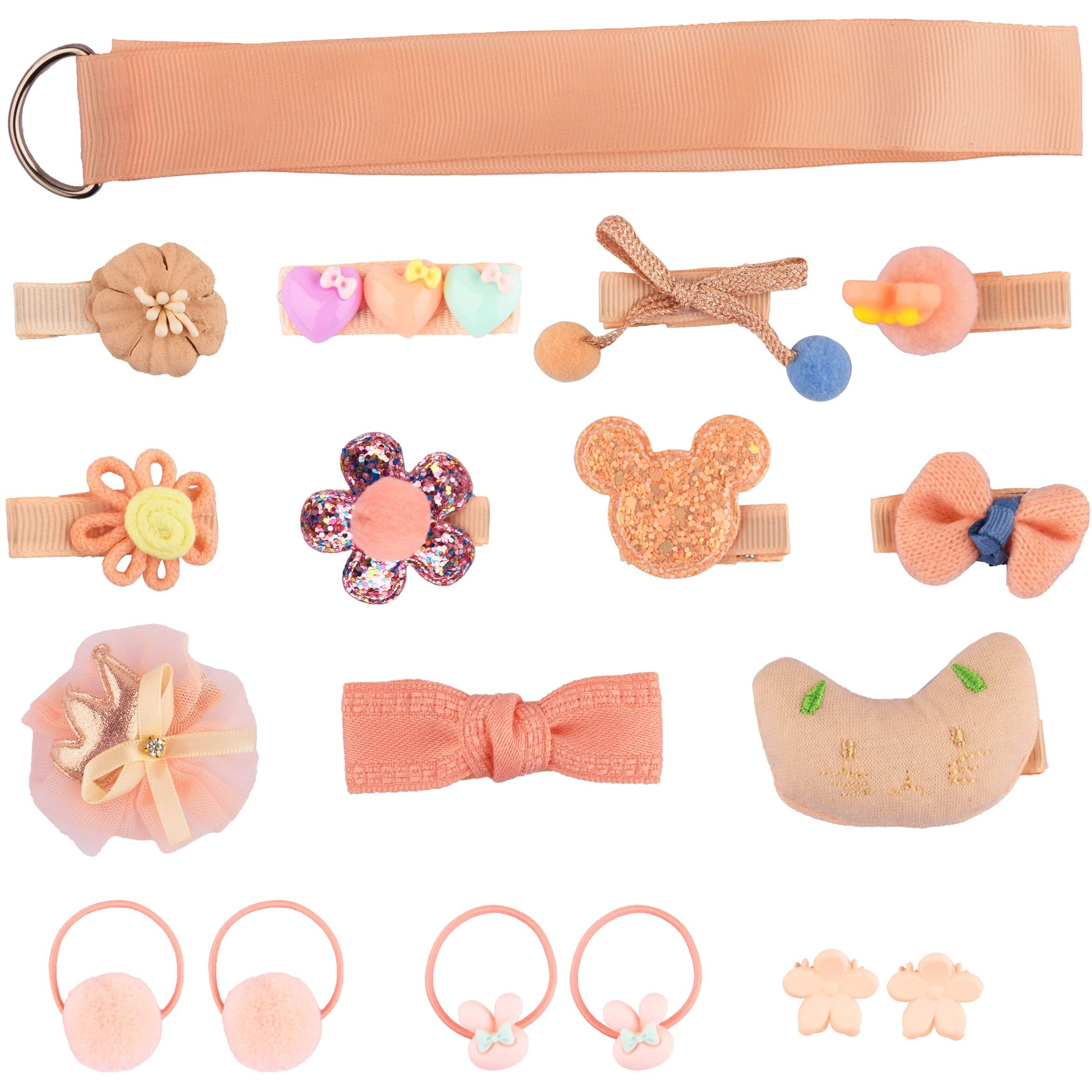 kapimo Fancy Hair Clips For Baby Girls Toddlers Assorted Stylish Fashion Hair Accessories 18 Pcs Gift Set Box (Peach)