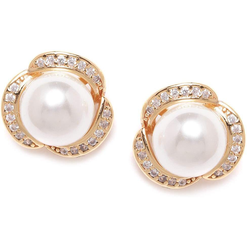 Zaveri Pearls Splendid Gold Tone Shimmering Cubic Zirconia & Pearl Stud Earring For Women-ZPFK9471