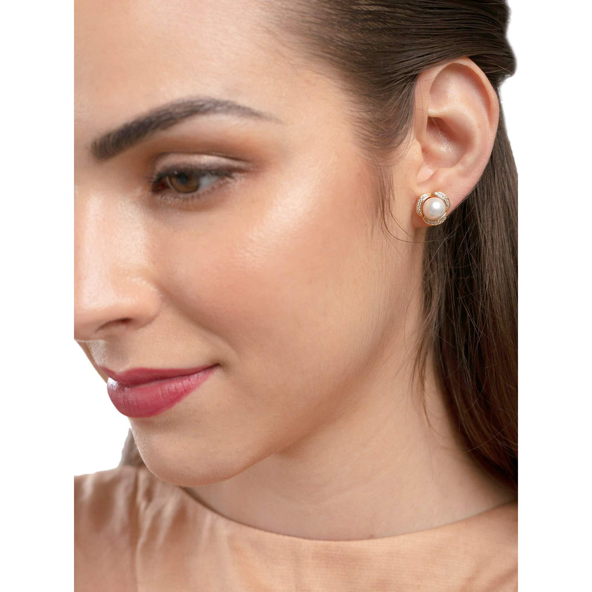 Zaveri Pearls Splendid Gold Tone Shimmering Cubic Zirconia & Pearl Stud Earring For Women-ZPFK9471