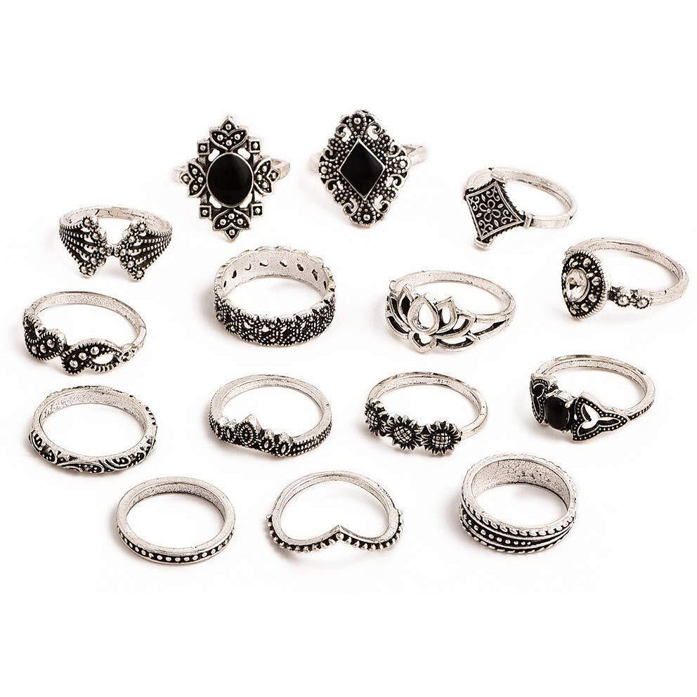 YouBella Oxidised Combo of 15 Boho Silver Plated Rings for Girls and Women (YBRG_20111A) (Silver)