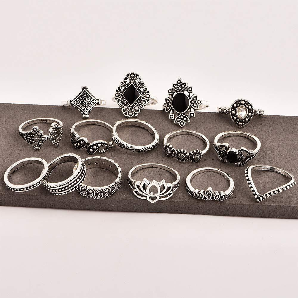 YouBella Oxidised Combo of 15 Boho Silver Plated Rings for Girls and Women (YBRG_20111A) (Silver)