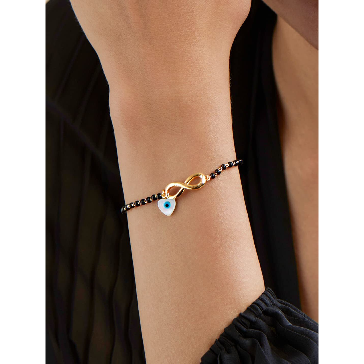 MINUTIAE Adjustable Stylish Infinity Sign With Evil Eye Black Beads Mangalsutra Brass Bracelet for Women (Gold)