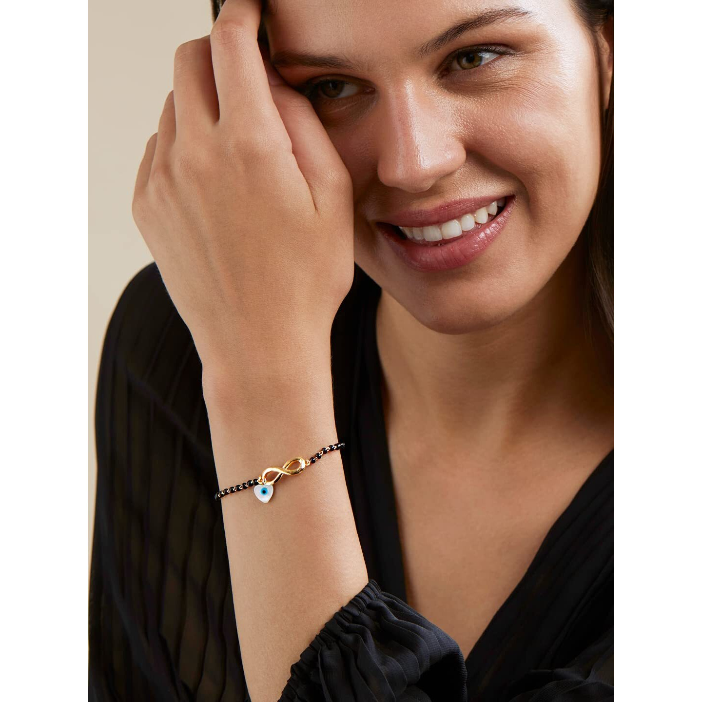 MINUTIAE Adjustable Stylish Infinity Sign With Evil Eye Black Beads Mangalsutra Brass Bracelet for Women (Gold)