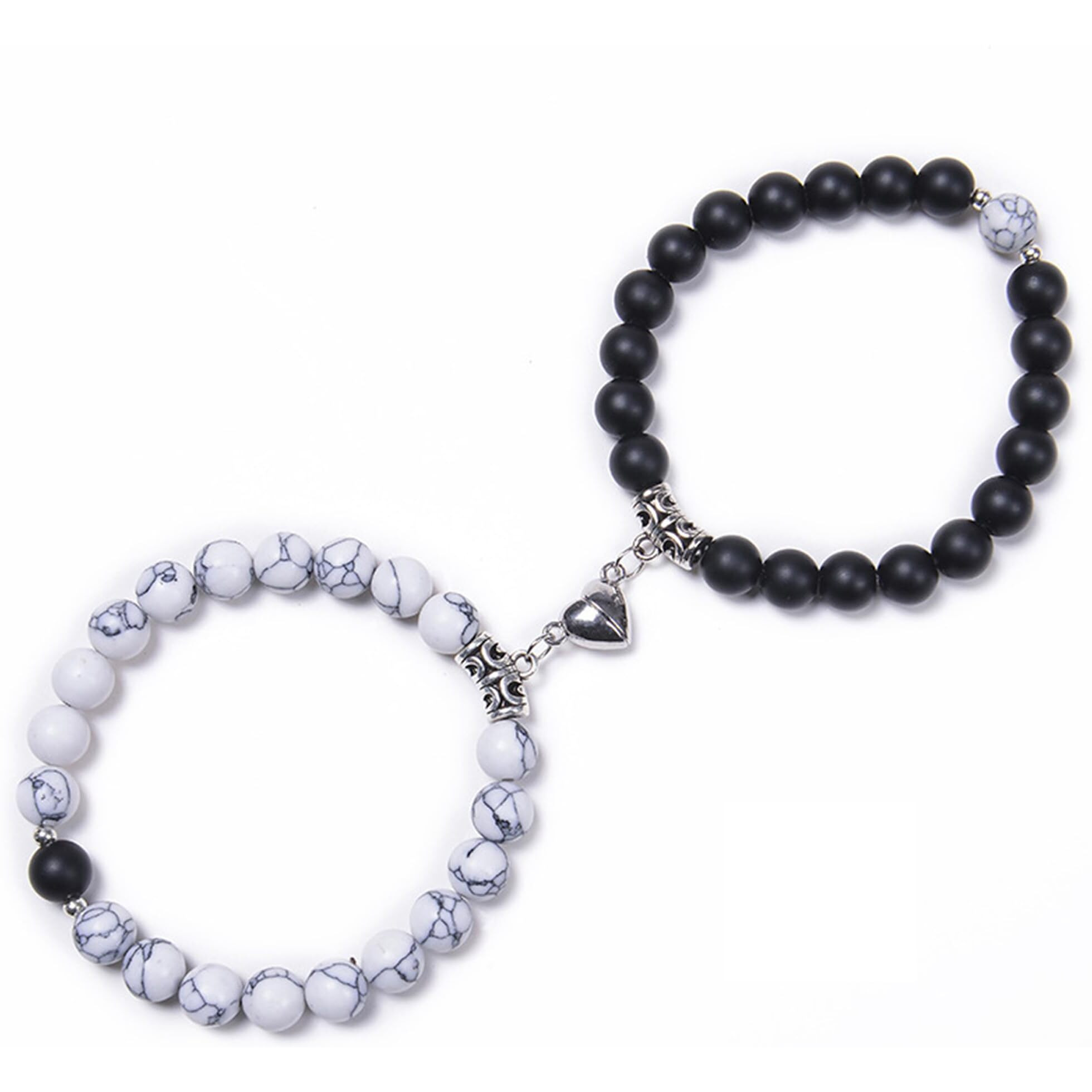 Fashion Frill Stylish Couple Bracelets Black & White Natural Stone Onyx Stretchable Wrist Band Heart Magnetic Bracelet For Women Men Boys Girls Love Gifts Friendship Bracelets