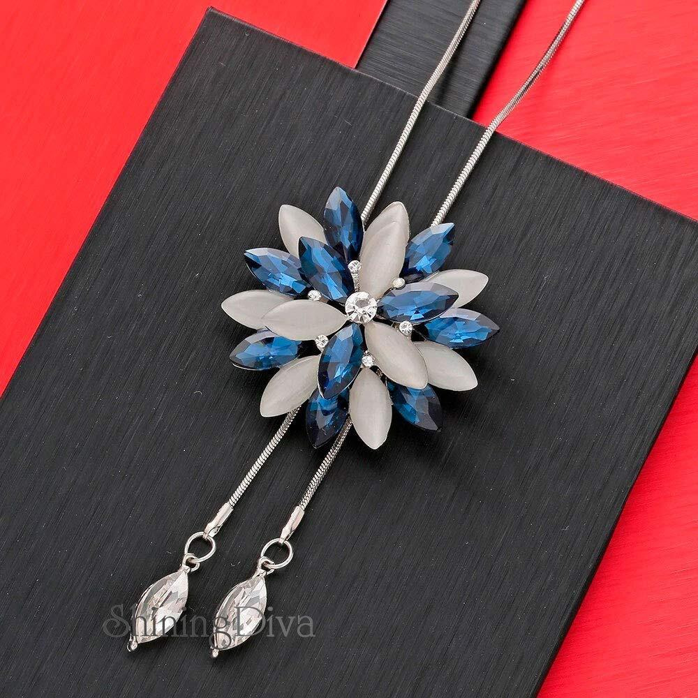 Shining Diva Fashion Stylish Crystal Flower Long Chain Pendant Silver Plated Pendant for Women (rrsd10734np, Blue)