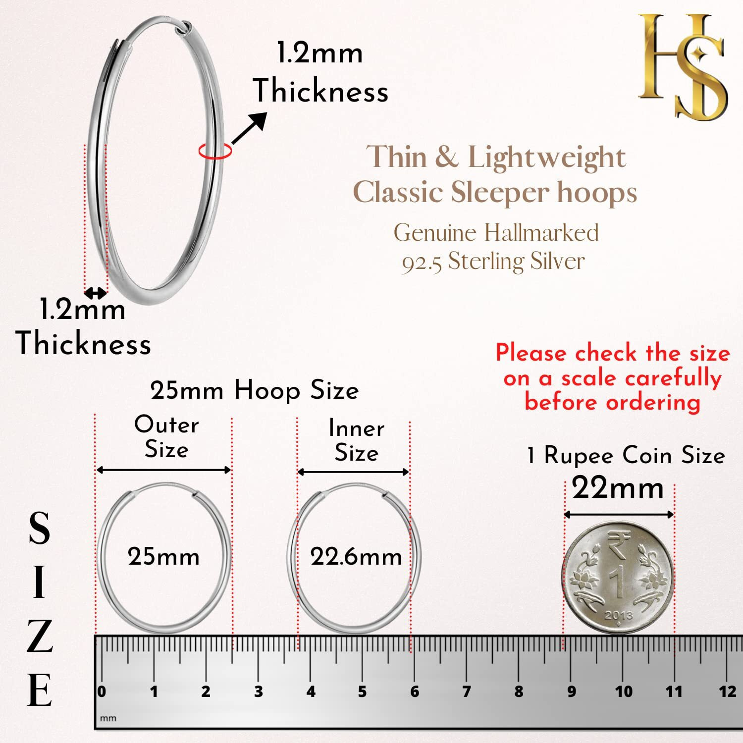 HIGHSPARK 925 Silver Hoop Earrings | 92.5 Sterling Silver Round Classic Endless Hoops Sizes 10mm to 40mm | Lovely Gift for Men Women Boys & Girls - Silver 25mm