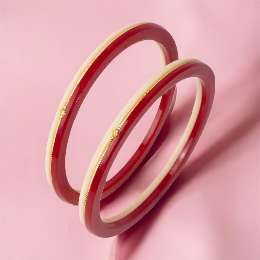 Hem Jewels by Ashok Jewellers 22kt (916) Yellow Gold Handmade Pola Bangles/Wedding Chooda/Churas for Women with Purity Certificate (Set of 2pcs) - Red White (2.8 Aani)