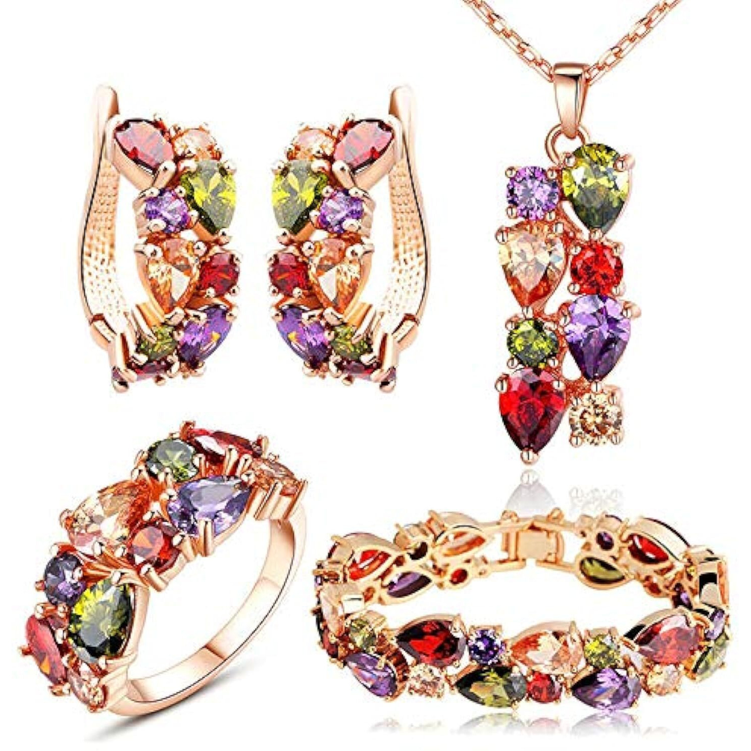 YouBella Jewellery Set Multi-Color AAA Swiss Zircon Rose Gold Crystal Necklace Pendant Ring Bracelet Bangle and earrings Jewellery Combo For Girls and Women (Pendant, Earrings, Ring and Bracelet)