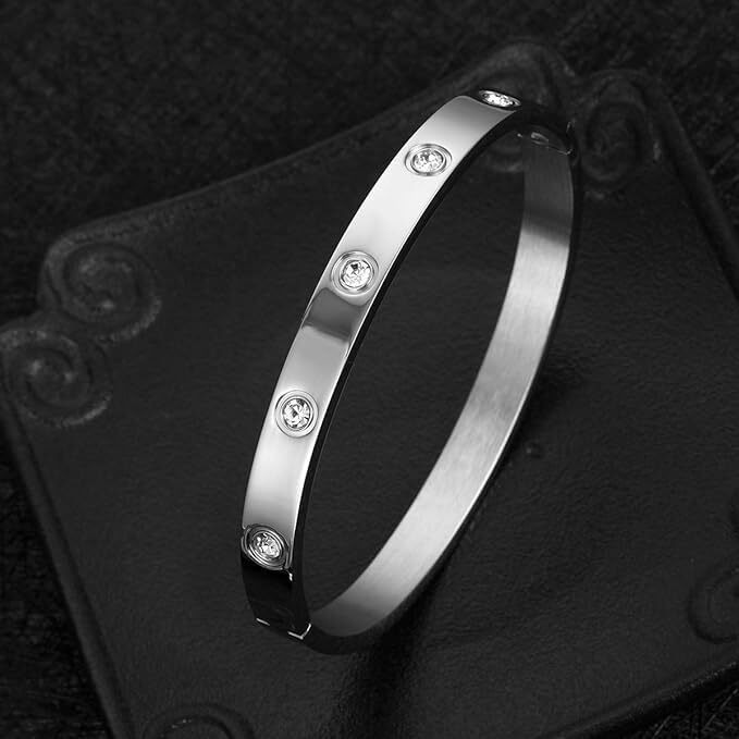 Shining Diva Fashion 18K Gold Plated Stainless Steel Openable Crystal Bracelet | Cuff Bangle | Friendship Couple Wedding Gifts for Mother Sister Wife Girlfriend | Anti Tarnish Jewellery (A_Silver)