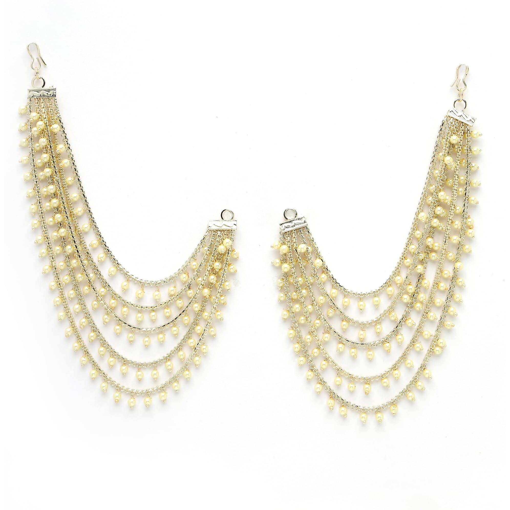 Zeneme Traditional Brass 18 K Gold Plated Wedding Jewellery Bahubali Inspired Long Chain Jhumki Earrings for Women and Girl (Silver Ear Chain 5 Layer)