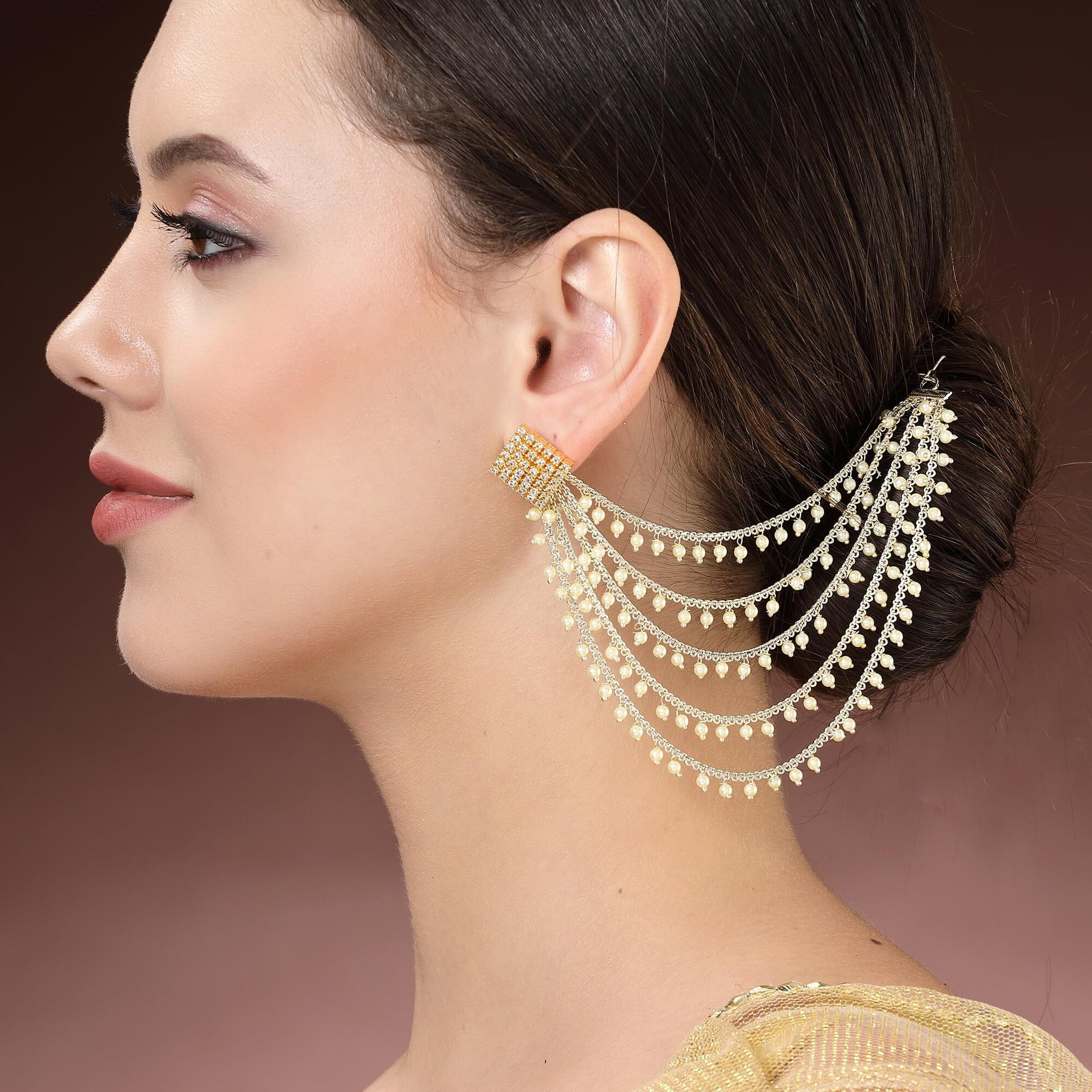 Zeneme Traditional Brass 18 K Gold Plated Wedding Jewellery Bahubali Inspired Long Chain Jhumki Earrings for Women and Girl (Silver Ear Chain 5 Layer)