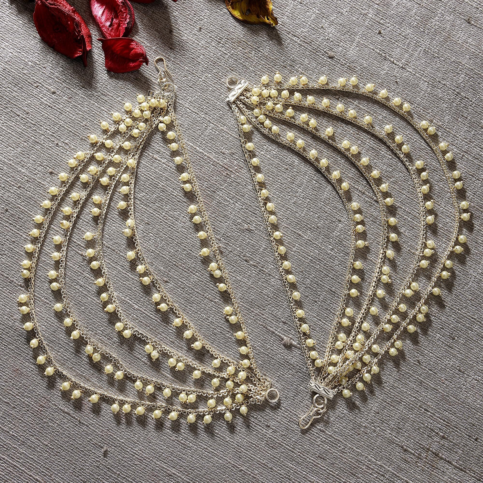 Zeneme Traditional Brass 18 K Gold Plated Wedding Jewellery Bahubali Inspired Long Chain Jhumki Earrings for Women and Girl (Silver Ear Chain 5 Layer)