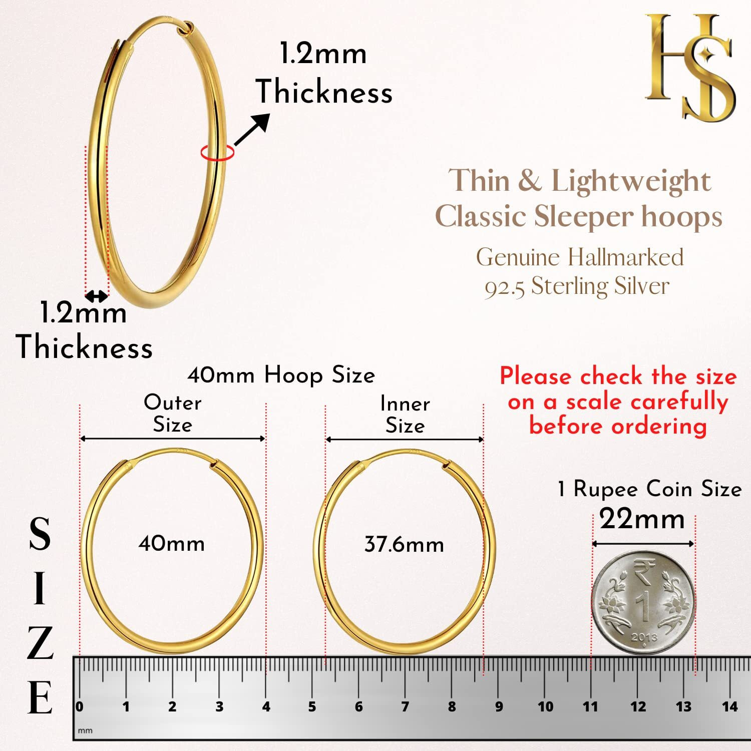 HIGHSPARK 925 Silver Hoop Earrings in Gold Finish | 92.5 Sterling Silver Round Classic Endless Hoops Sizes 10mm to 40mm | Lovely Gift for Men Women Boys & Girls - Gold 40mm