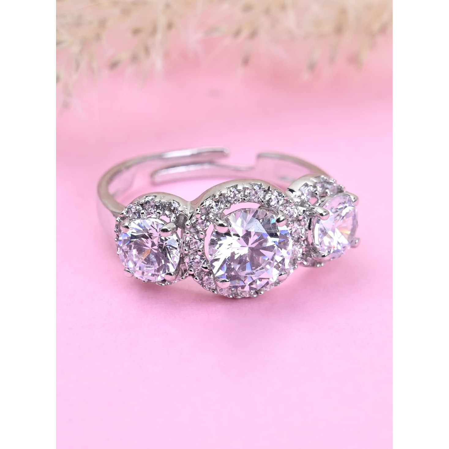 Clara Pure 925 Sterling Silver Three Solitaire Finger Ring with Adjustable Band | Gift for Women Girls Wife Girlfriend | Swiss Zircon Rhodium Plated