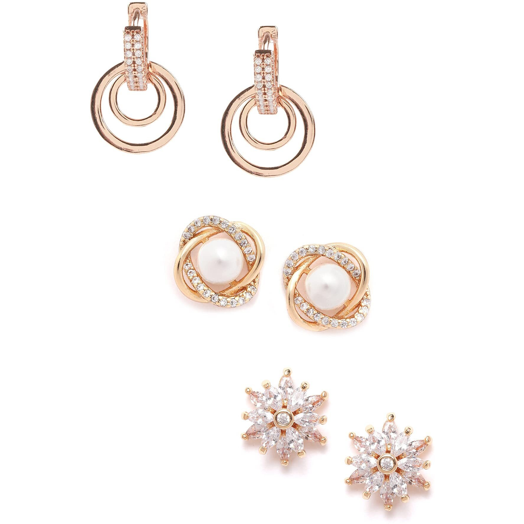 Zaveri Pearls Combo of 3 Rose Gold Cubic Zirconia & Pearls Brass Stud & Drop Earring For Women-ZPFK10858