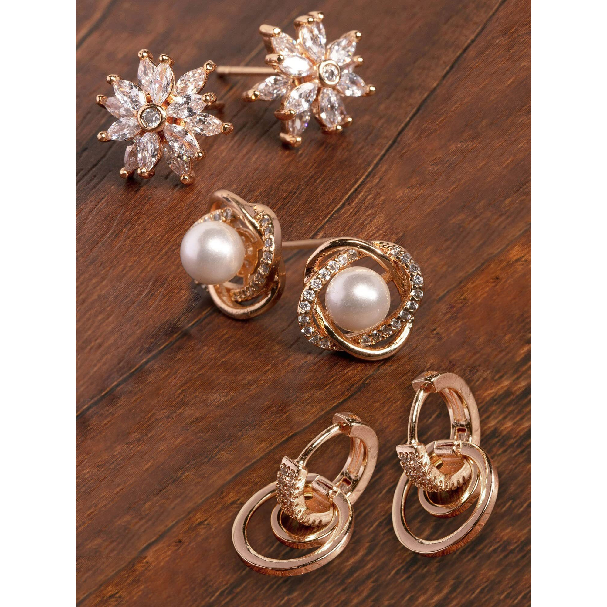 Zaveri Pearls Combo of 3 Rose Gold Cubic Zirconia & Pearls Brass Stud & Drop Earring For Women-ZPFK10858