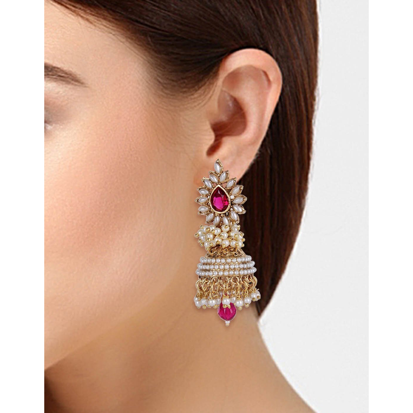 Shining Diva Pink White Pearl Traditional Jhumki Earrings For Women (Pink) (sd6579er)
