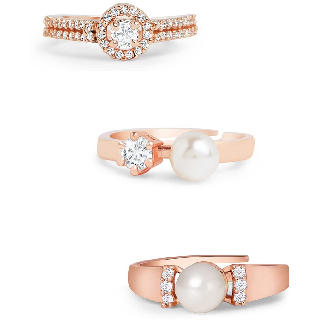 ZAVERI PEARLS Set of 3 Rose Gold Contemporary Cubic Zirconia Brass Adjustable Rings For Women-ZPFK11177