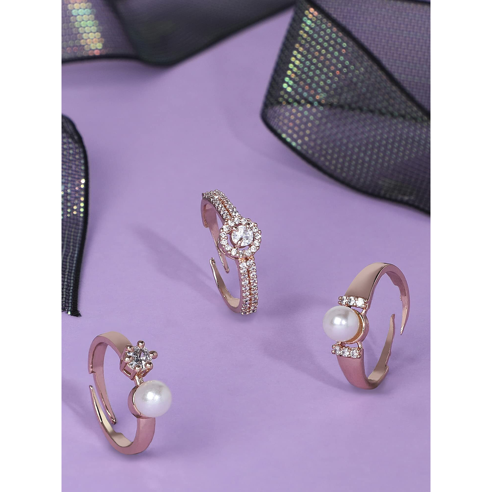 ZAVERI PEARLS Set of 3 Rose Gold Contemporary Cubic Zirconia Brass Adjustable Rings For Women-ZPFK11177