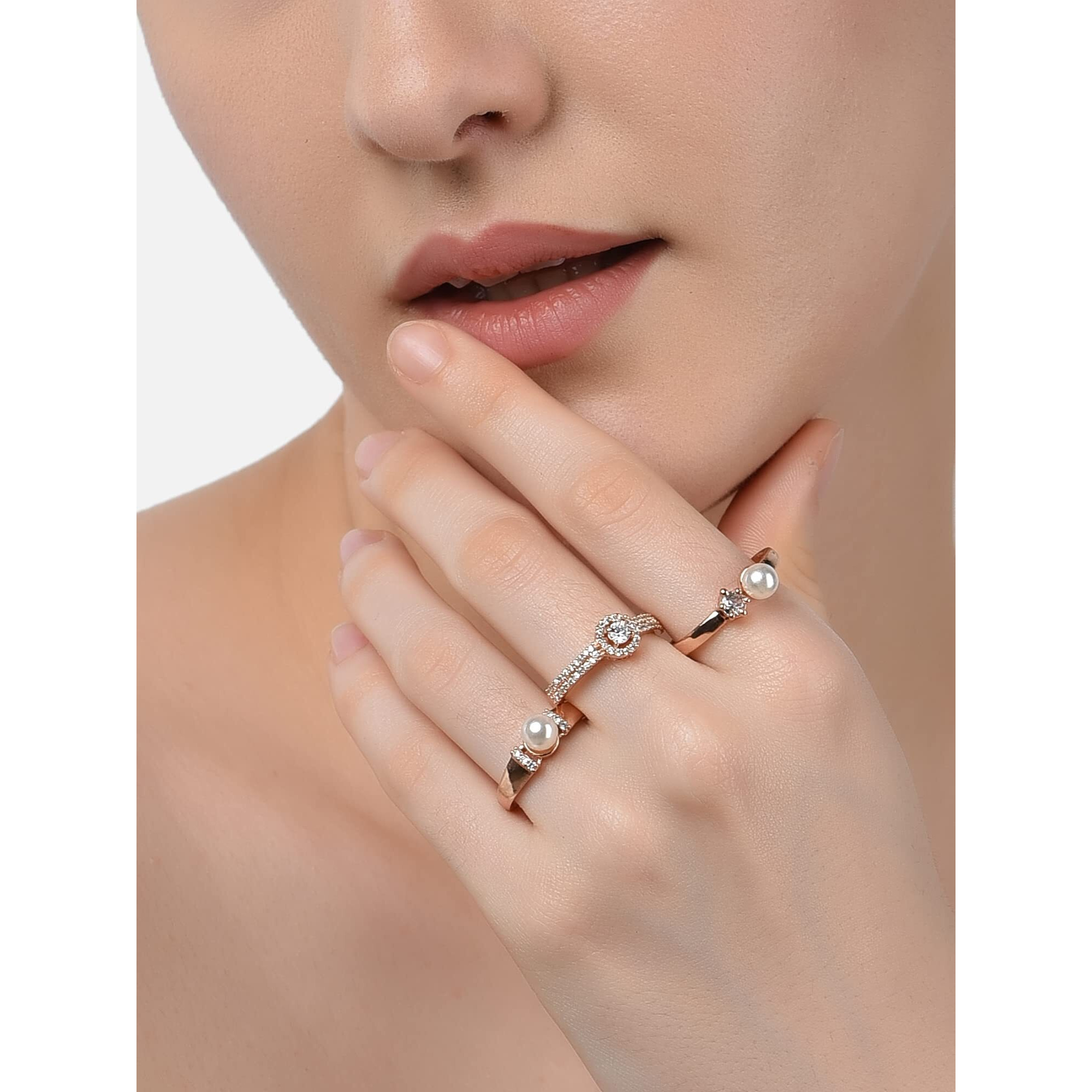 ZAVERI PEARLS Set of 3 Rose Gold Contemporary Cubic Zirconia Brass Adjustable Rings For Women-ZPFK11177