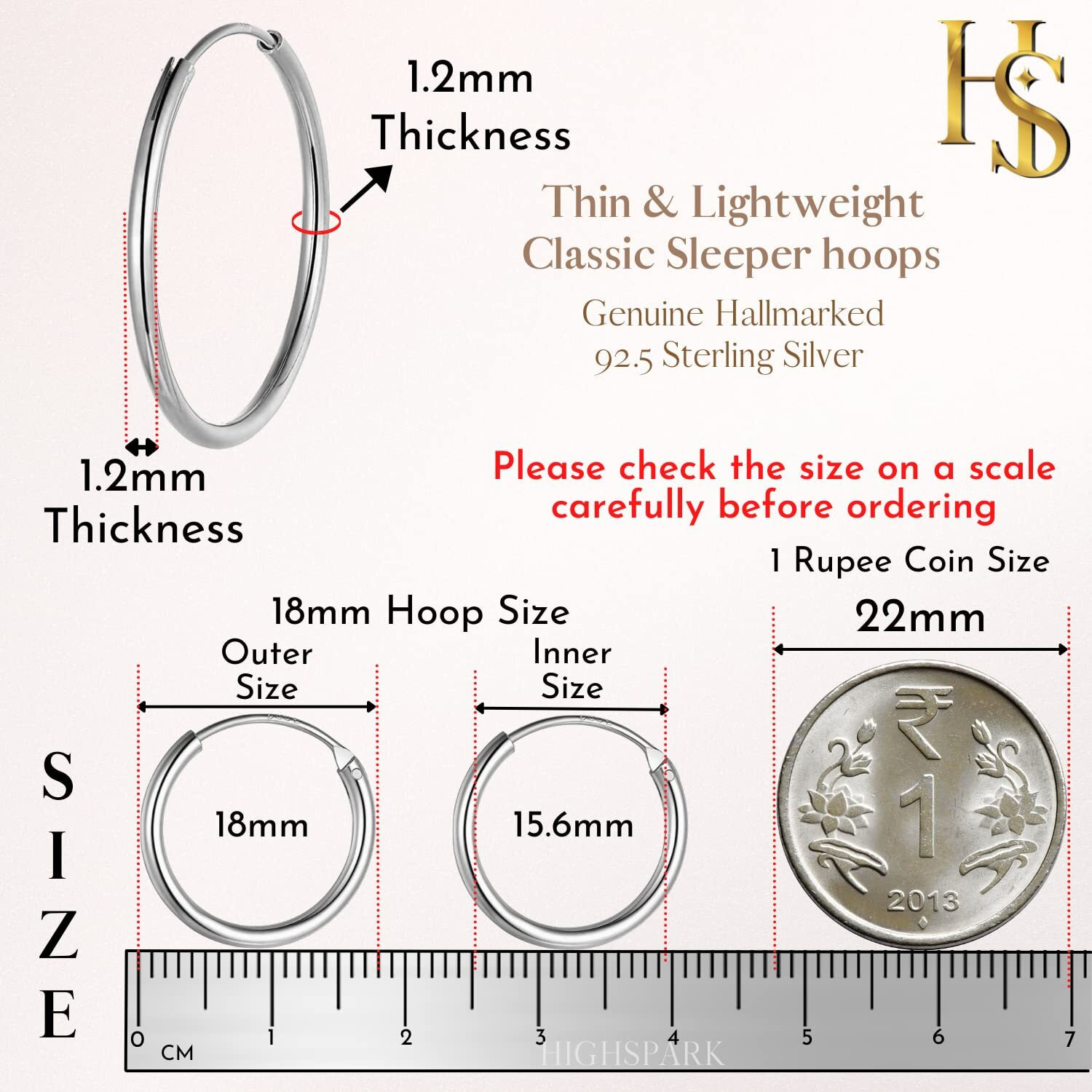 HIGHSPARK 925 Silver Hoop Earrings | 92.5 Sterling Silver Round Classic Endless Hoops Sizes 10mm to 40mm | Lovely Gift for Men Women Boys & Girls - Silver 18mm