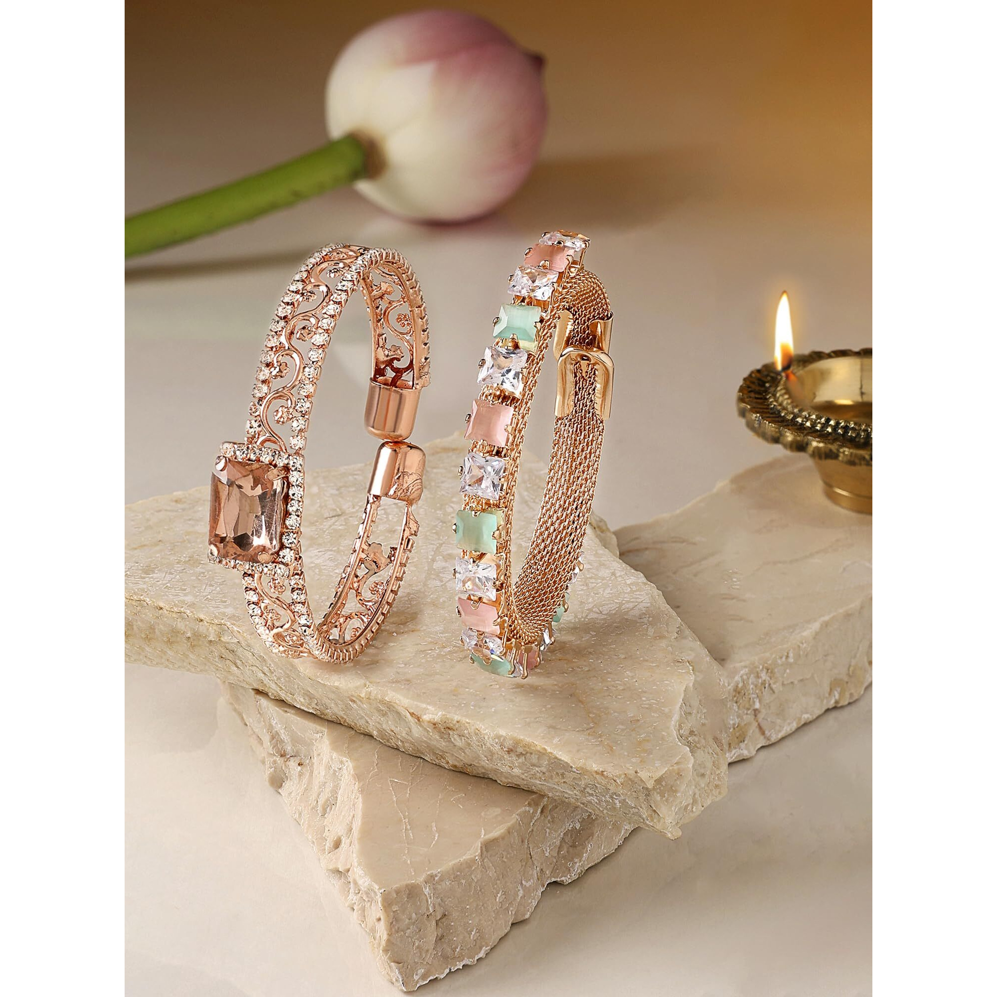 ZAVERI PEARLS Set Of 2 Rose Gold Dazzling Austrian Diamonds Bracelet For Women-ZPFK16864