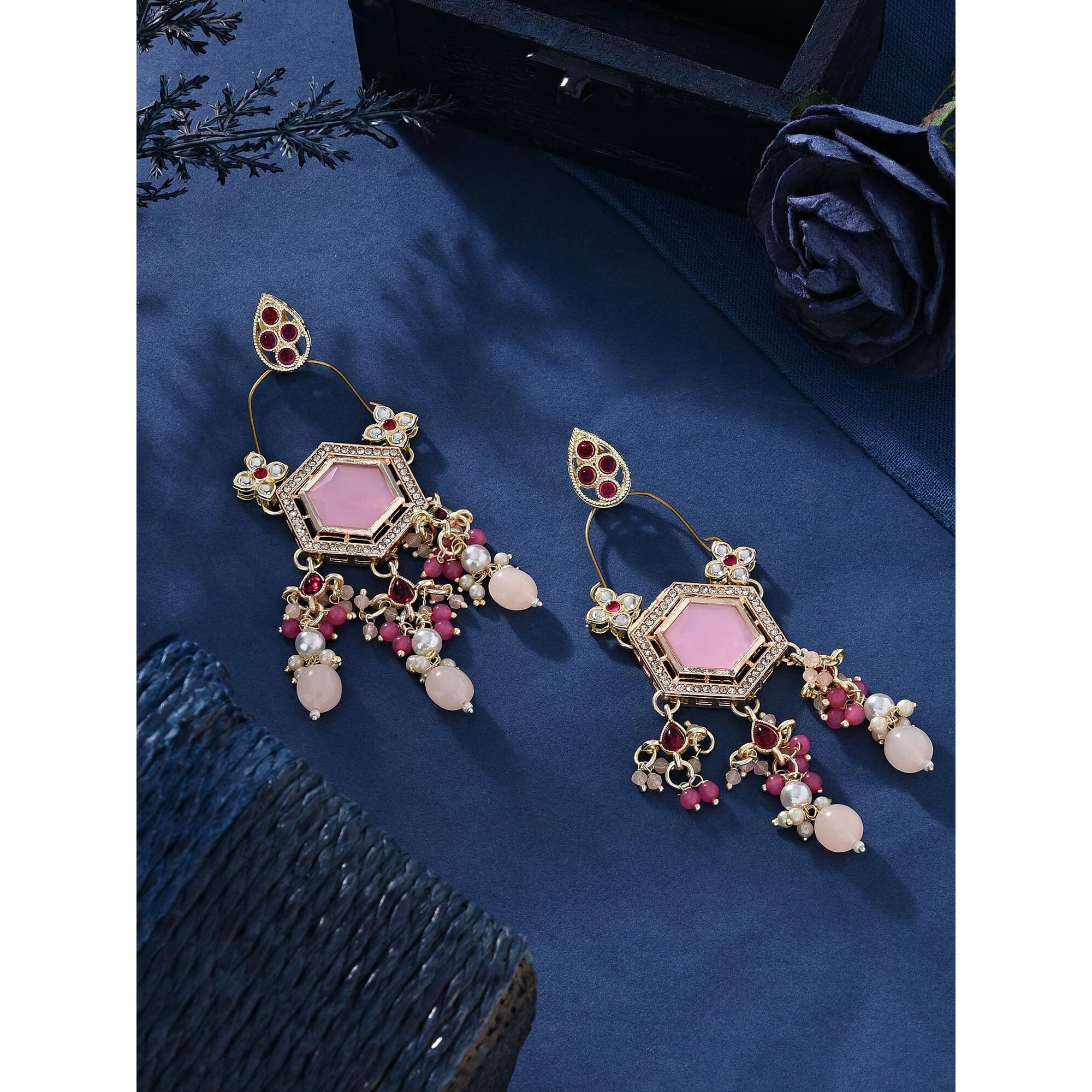 Zaveri Pearls Pink Stones Kundan & Beads Dangle Ethnic Earring For Women -ZPFK16183