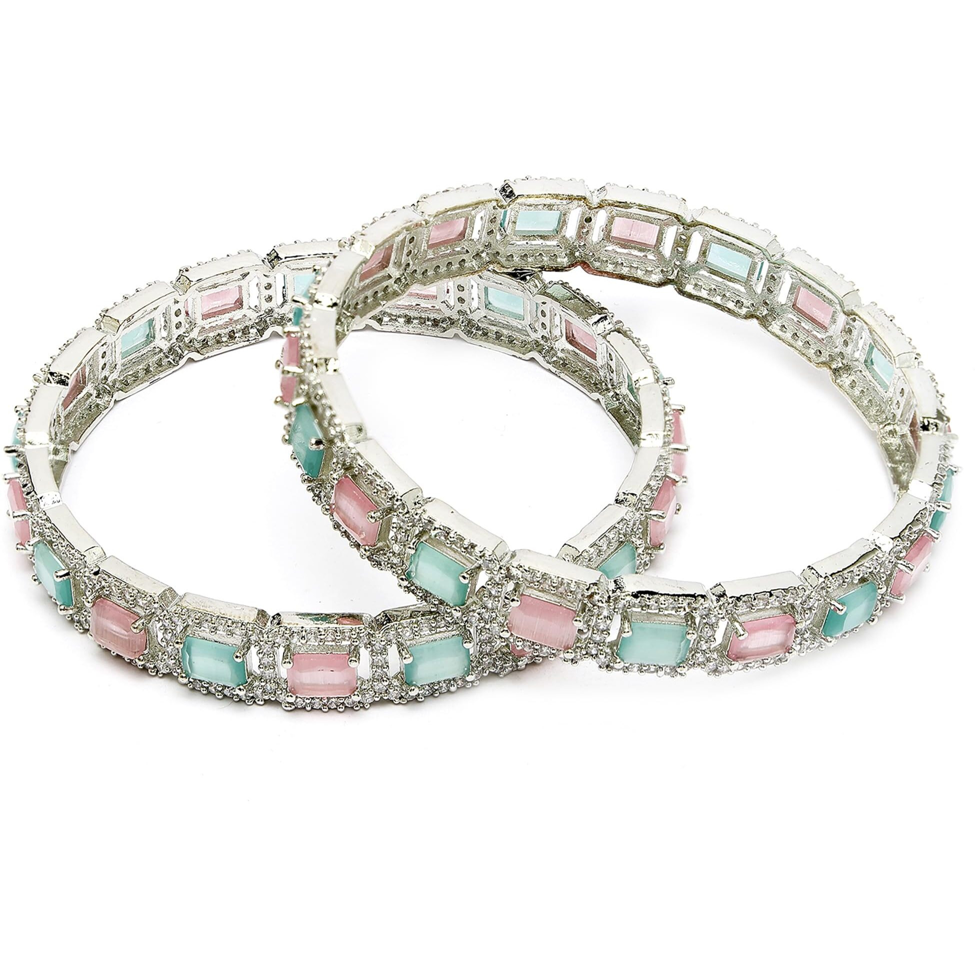 ZENEME Rhodium-Plated Silver Toned American Diamond Square Shaped studded Bangle Jewellery Set for Girls and Women (Set Of 2) (Design 05, 2.4)
