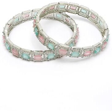 ZENEME Rhodium-Plated Silver Toned American Diamond Square Shaped studded Bangle Jewellery Set for Girls and Women (Set Of 2) (Design 05, 2.6)
