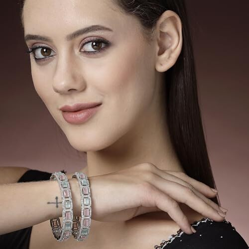 ZENEME Rhodium-Plated Silver Toned American Diamond Square Shaped studded Bangle Jewellery Set for Girls and Women (Set Of 2) (Design 05, 2.6)
