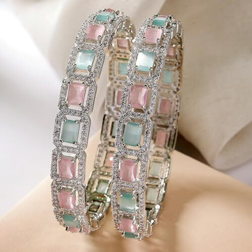ZENEME Rhodium-Plated Silver Toned American Diamond Square Shaped studded Bangle Jewellery Set for Girls and Women (Set Of 2) (Design 05, 2.6)