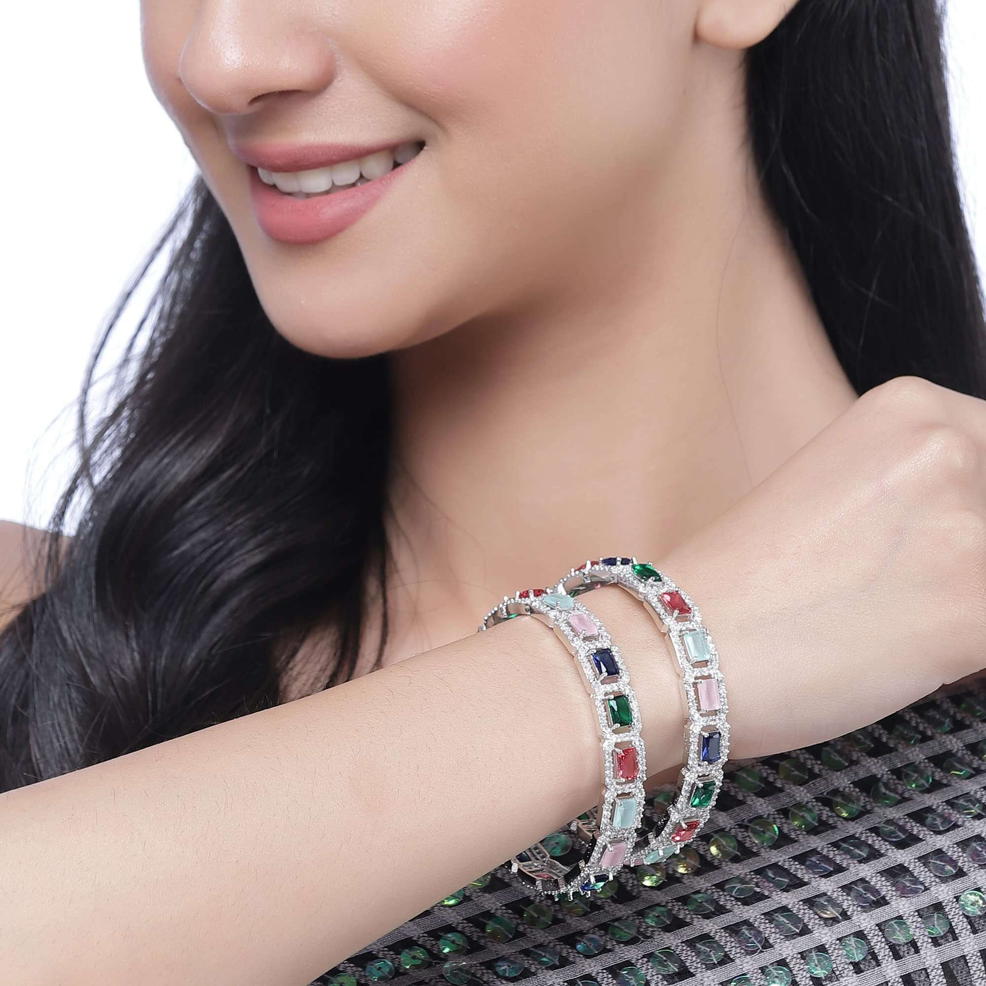 ZENEME Rhodium-Plated Silver Toned American Diamond Square Shaped studded Bangle Jewellery Set for Girls and Women (Set Of 2) (Design_02, 2.8)