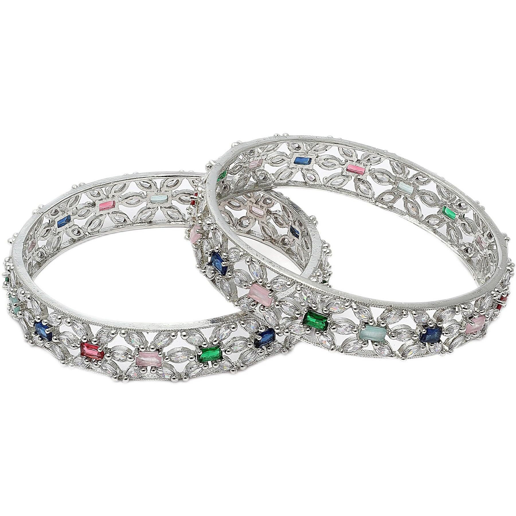 ZENEME Rhodium-Plated Silver Toned American Diamond Square Shaped studded Bangle Jewellery Set for Girls and Women (Set Of 2) (Design_03, 2.4)