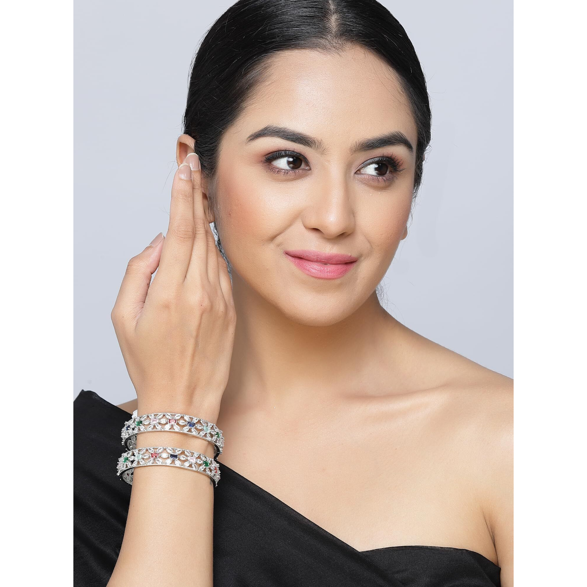ZENEME Rhodium-Plated Silver Toned American Diamond Square Shaped studded Bangle Jewellery Set for Girls and Women (Set Of 2) (Design_03, 2.4)