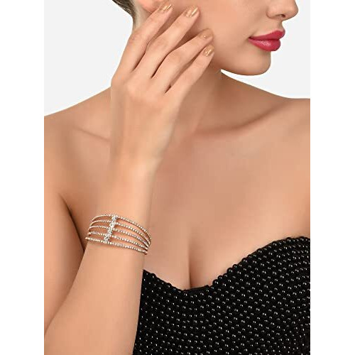 ZAVERI PEARLS Rose Gold Tone Dazzling Austrian Diamonds Embellished Party Bling Cuff Bracelet For Women-ZPFK12103