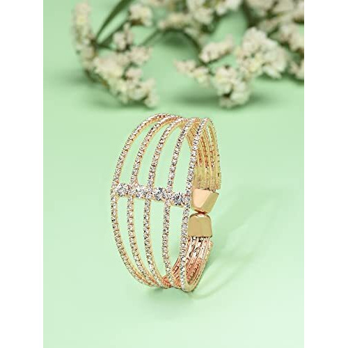 ZAVERI PEARLS Rose Gold Tone Dazzling Austrian Diamonds Embellished Party Bling Cuff Bracelet For Women-ZPFK12103