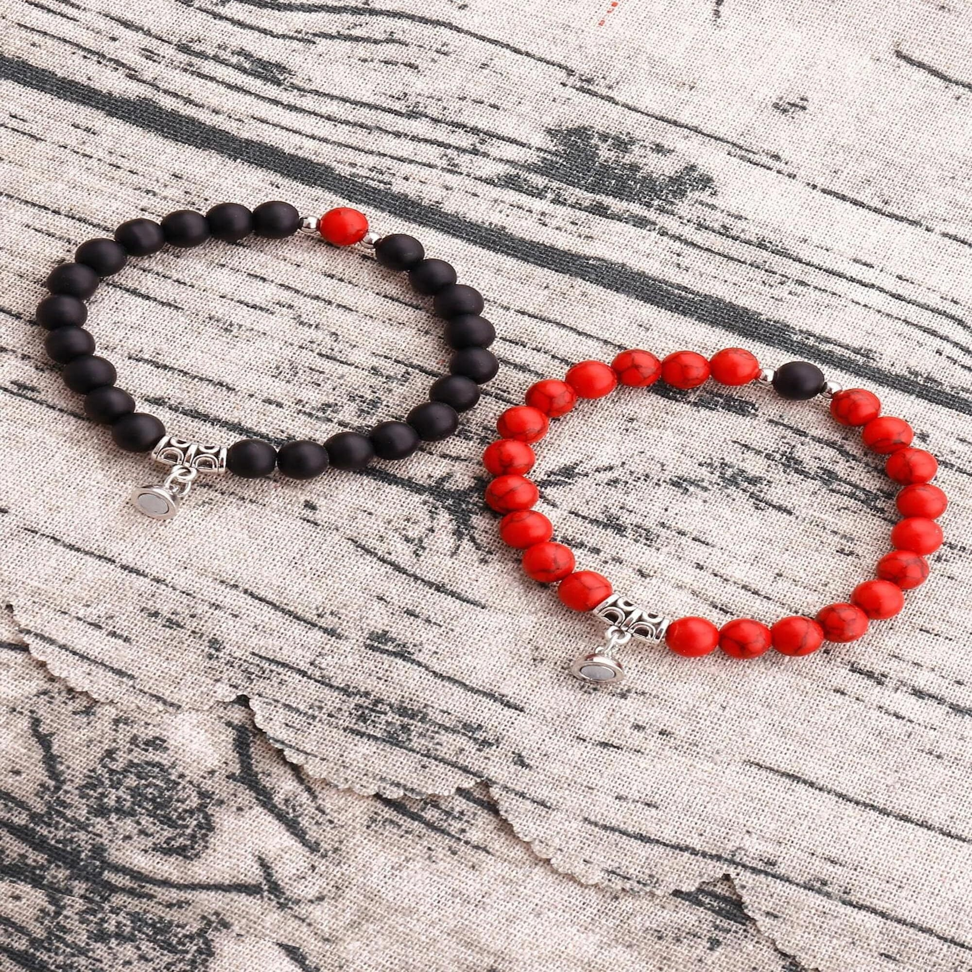 Fashion Frill Couple Bracelet Red & Black Natural Stone Onyx Stretchable Magnetic Bracelet For Women Men Boys Girls Love Gifts Friendship Promise Bracelets Jewellery