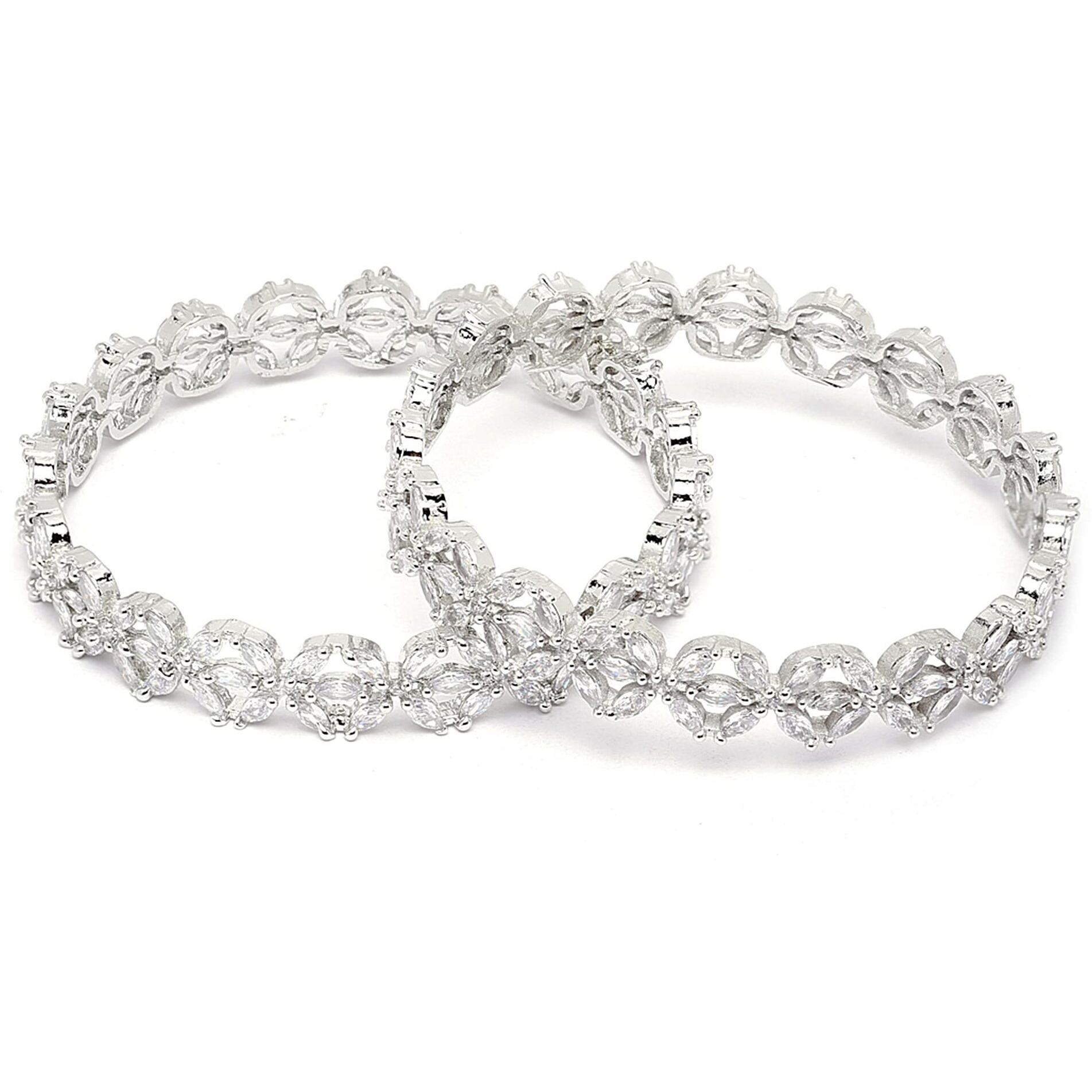 ZENEME Rhodium-Plated Silver Toned White Floral American Diamond studded Bangles Jewellery Set for Girls and Women (Set Of 2) (2.6, Silver)