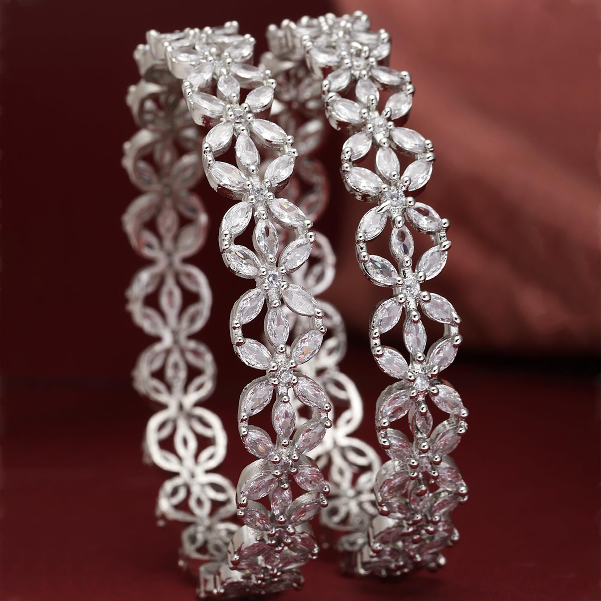 ZENEME Rhodium-Plated Silver Toned White Floral American Diamond studded Bangles Jewellery Set for Girls and Women (Set Of 2) (2.6, Silver)