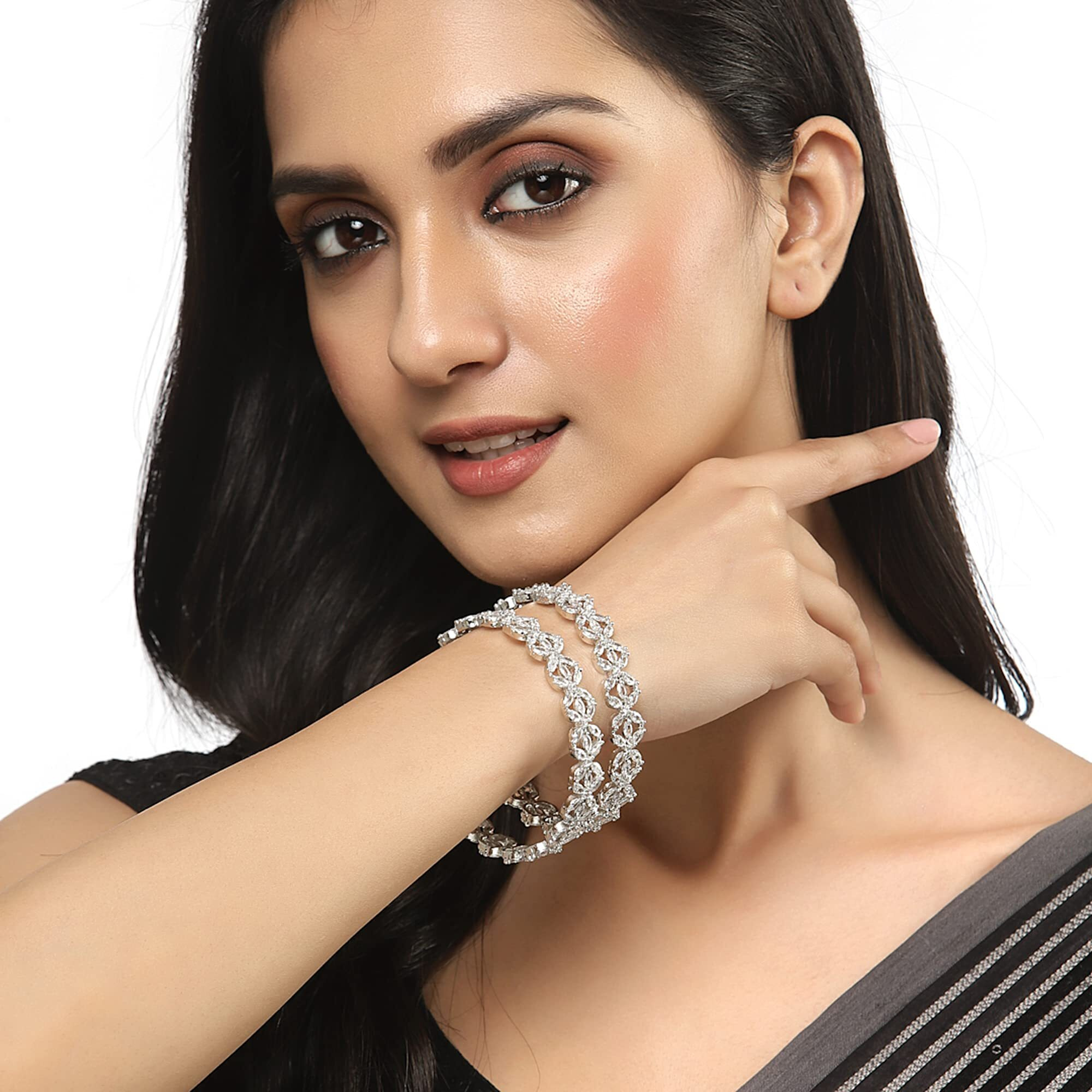 ZENEME Rhodium-Plated Silver Toned White Floral American Diamond studded Bangles Jewellery Set for Girls and Women (Set Of 2) (2.6, Silver)