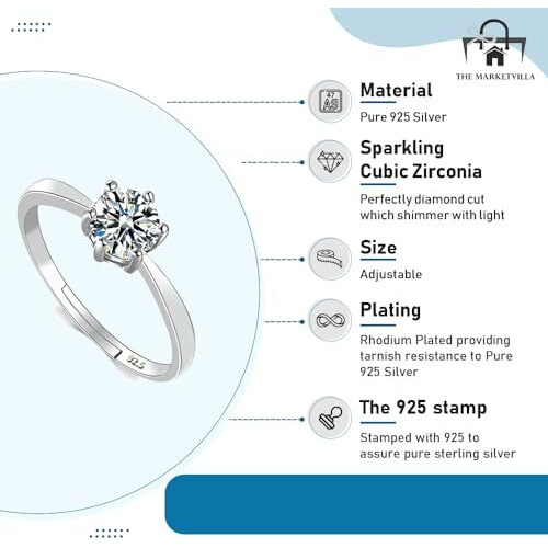 THE MARKETVILLA 925 Sterling Silver Rings for Women and Girls |CZ Solitaire Crystal Style|- Adjustable Size
